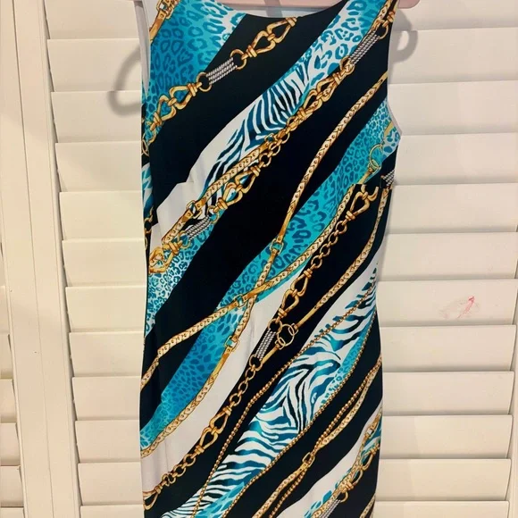 blue chain print dress Chain Print Dress with Pockets
